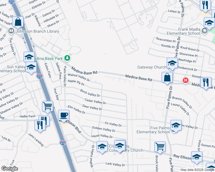 map of restaurants, bars, coffee shops, grocery stores, and more near 6858 Walnut Valley Drive in San Antonio