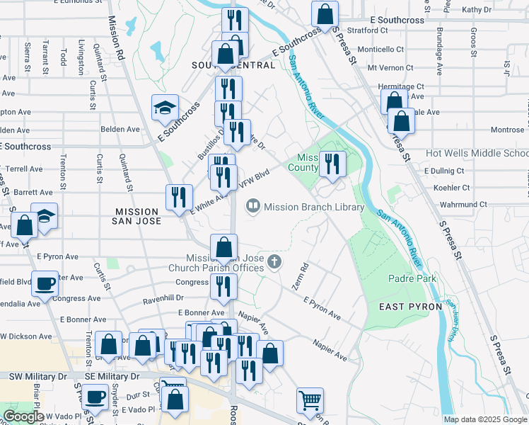 map of restaurants, bars, coffee shops, grocery stores, and more near 3122 Roosevelt Avenue in San Antonio