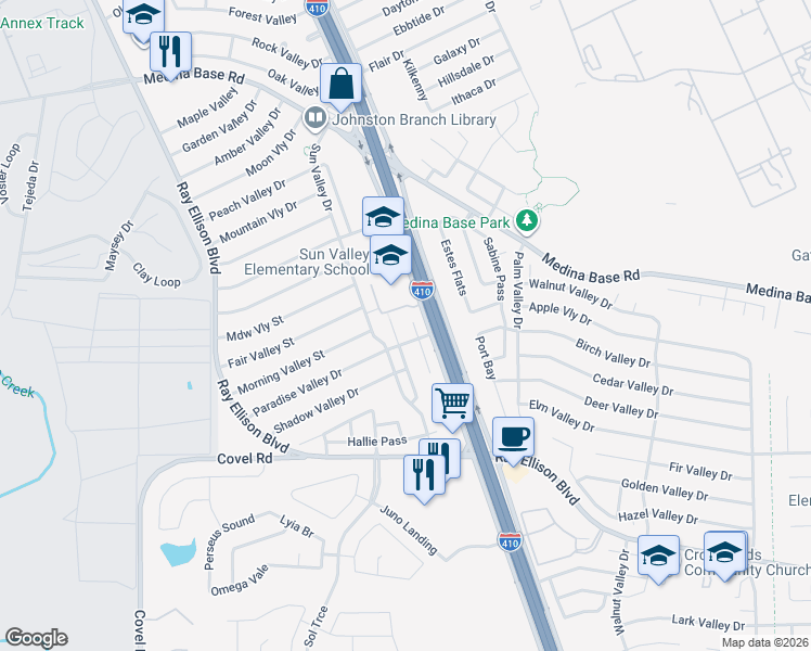 map of restaurants, bars, coffee shops, grocery stores, and more near 6914 Hallie Ridge in San Antonio
