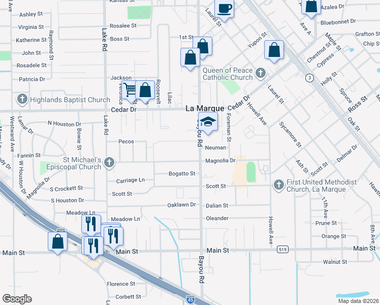 map of restaurants, bars, coffee shops, grocery stores, and more near 1913 Evergreen in La Marque