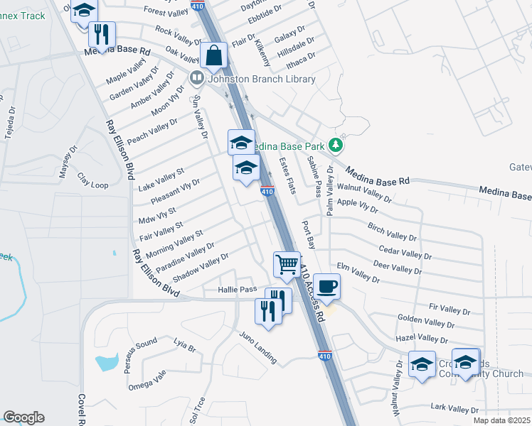 map of restaurants, bars, coffee shops, grocery stores, and more near 6922 Hallie Ridge in San Antonio