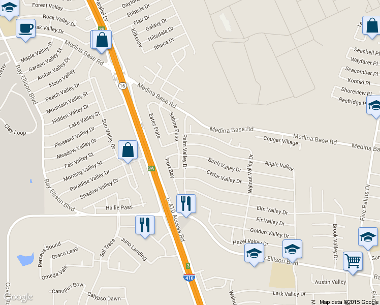 map of restaurants, bars, coffee shops, grocery stores, and more near 6291 Birch Valley Dr in San Antonio