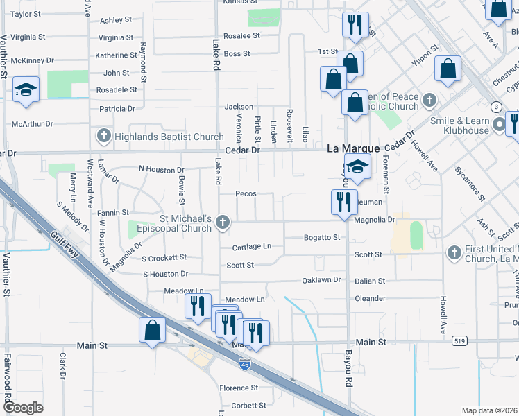 map of restaurants, bars, coffee shops, grocery stores, and more near 1411 Brazos Avenue in La Marque