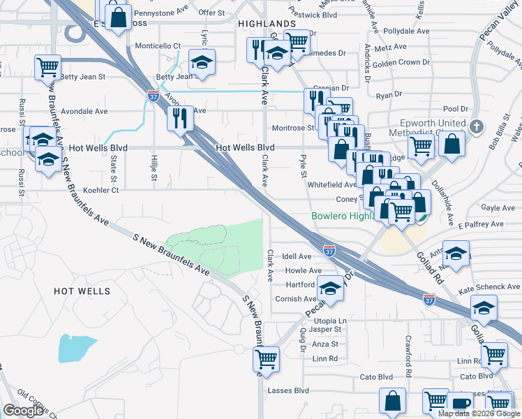 map of restaurants, bars, coffee shops, grocery stores, and more near 10 I- 37 Access Road in San Antonio