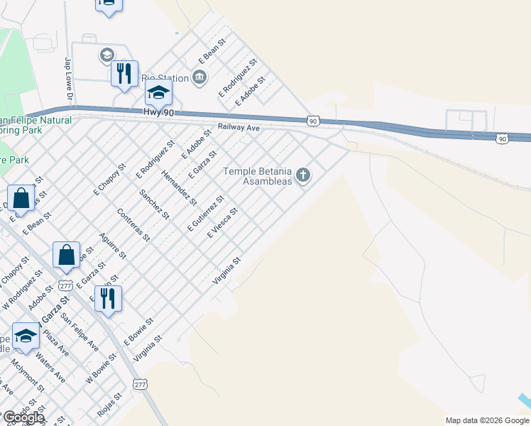 map of restaurants, bars, coffee shops, grocery stores, and more near 704 East Bowie Street in Del Rio