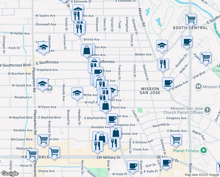 map of restaurants, bars, coffee shops, grocery stores, and more near 135 East White in San Antonio