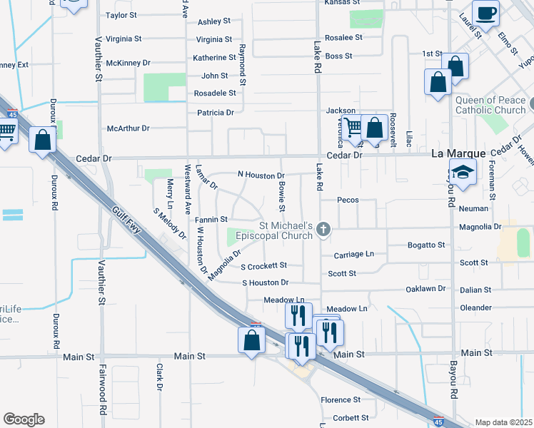 map of restaurants, bars, coffee shops, grocery stores, and more near 1411 Lamar Dr in La Marque