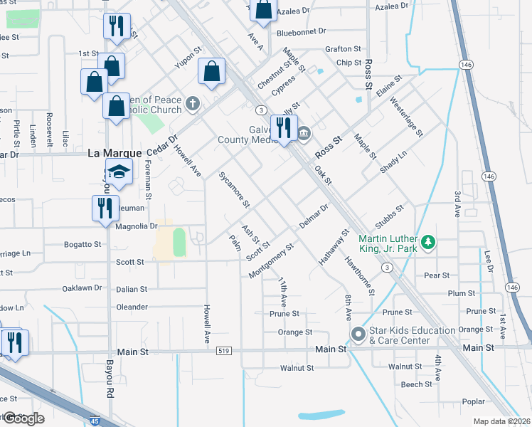 map of restaurants, bars, coffee shops, grocery stores, and more near 1311 Sycamore Street in La Marque