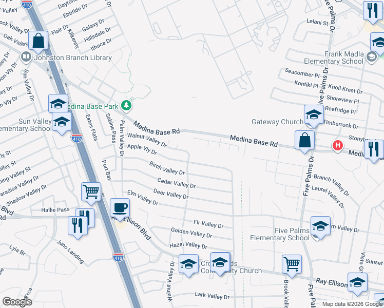 map of restaurants, bars, coffee shops, grocery stores, and more near 6858 Walnut Valley Drive in San Antonio