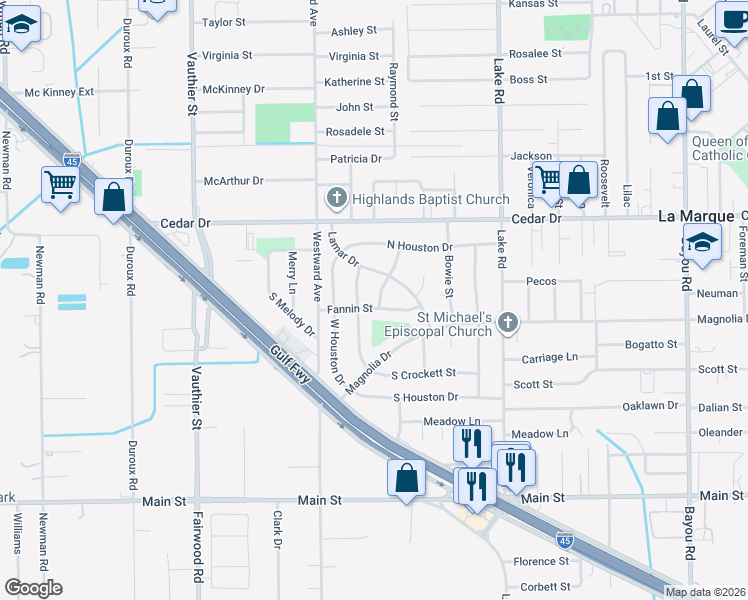 map of restaurants, bars, coffee shops, grocery stores, and more near 2802 Fannin Street in La Marque