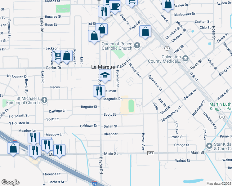 map of restaurants, bars, coffee shops, grocery stores, and more near 1801 Neuman in La Marque