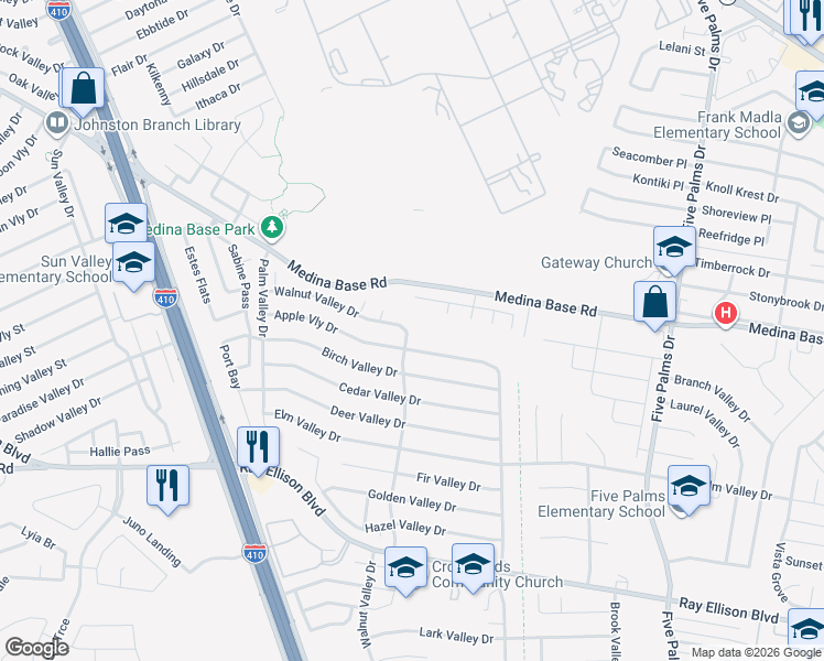 map of restaurants, bars, coffee shops, grocery stores, and more near 6858 Walnut Valley Drive in San Antonio