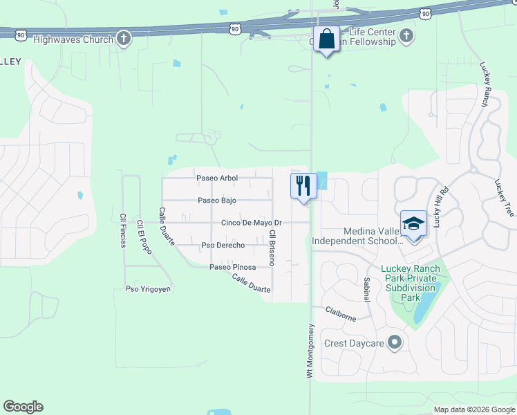 map of restaurants, bars, coffee shops, grocery stores, and more near 12518 Paseo Bajo in San Antonio