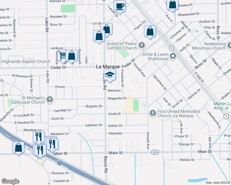 map of restaurants, bars, coffee shops, grocery stores, and more near 1801 Neuman in La Marque
