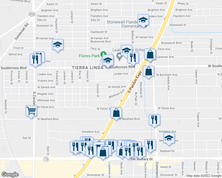 map of restaurants, bars, coffee shops, grocery stores, and more near 1202 West Gerald Avenue in San Antonio