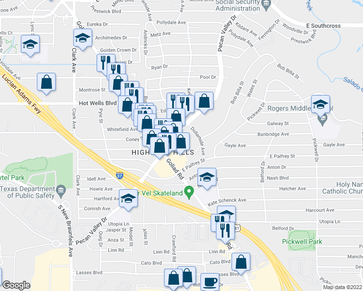 map of restaurants, bars, coffee shops, grocery stores, and more near 6114 Pecan Valley Drive in San Antonio