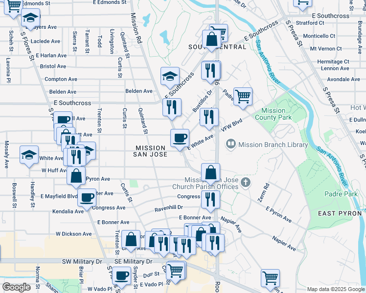 map of restaurants, bars, coffee shops, grocery stores, and more near 301 Mission Road in San Antonio