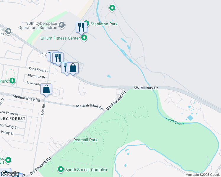 map of restaurants, bars, coffee shops, grocery stores, and more near 4771-4899 Southwest Military Drive in San Antonio