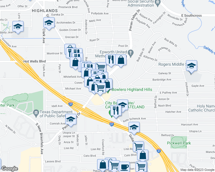 map of restaurants, bars, coffee shops, grocery stores, and more near 6114 Pecan Valley Drive in San Antonio