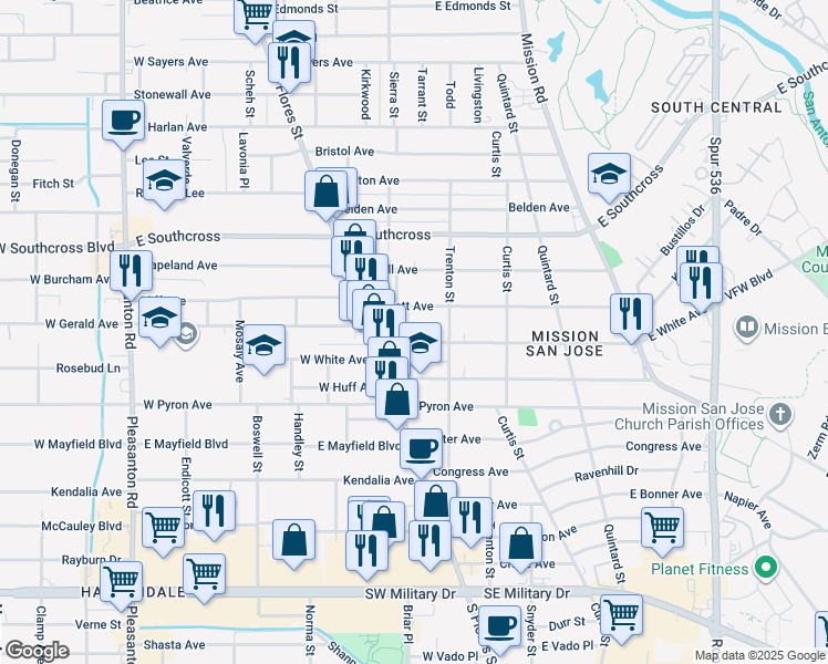 map of restaurants, bars, coffee shops, grocery stores, and more near 135 East White in San Antonio