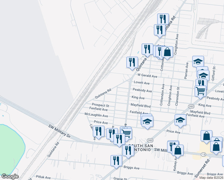 map of restaurants, bars, coffee shops, grocery stores, and more near 2510 Quintana Road in San Antonio