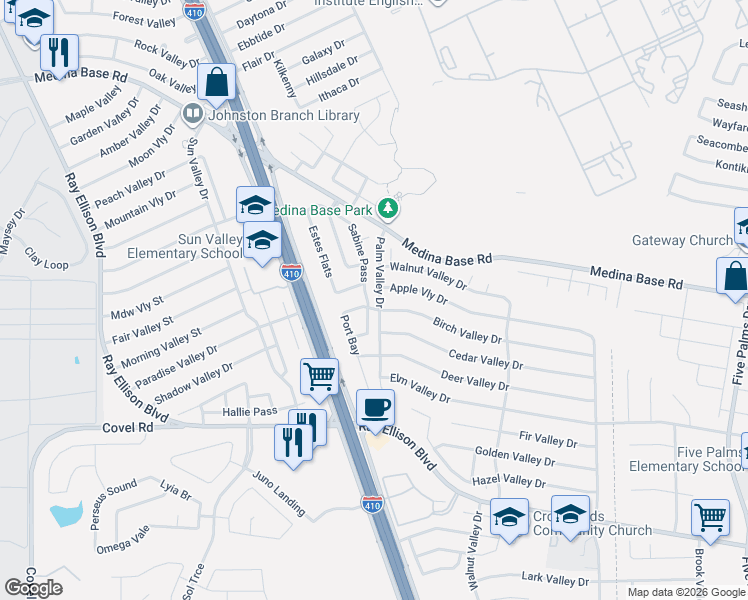 map of restaurants, bars, coffee shops, grocery stores, and more near 6291 Birch Valley Drive in San Antonio