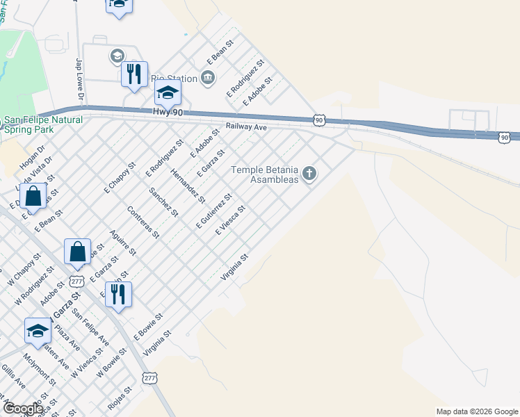 map of restaurants, bars, coffee shops, grocery stores, and more near 704 East Bowie Street in Del Rio