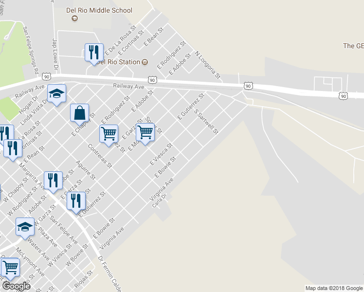 map of restaurants, bars, coffee shops, grocery stores, and more near 704 East Bowie Street in Del Rio