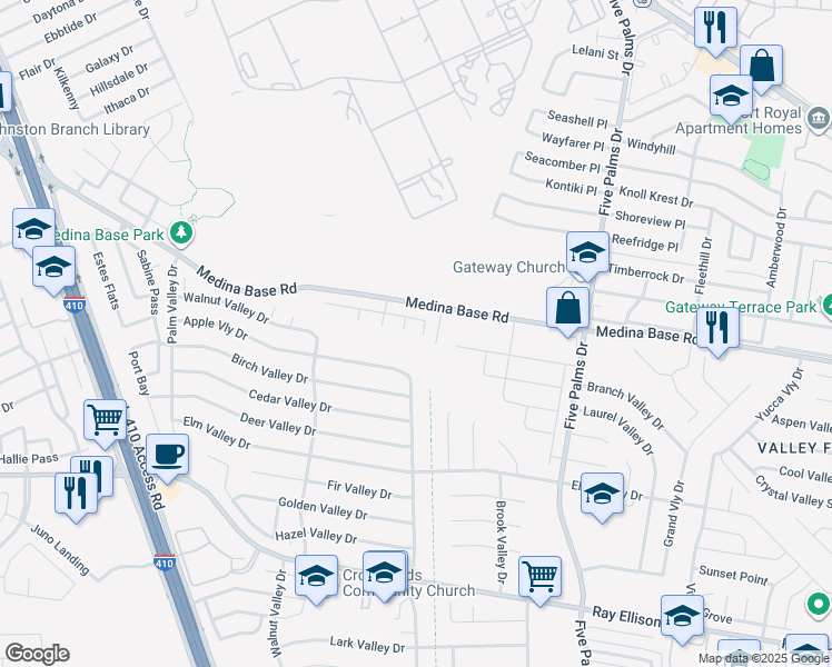 map of restaurants, bars, coffee shops, grocery stores, and more near 6318 Cougar Village in San Antonio