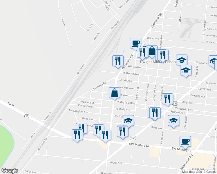 map of restaurants, bars, coffee shops, grocery stores, and more near 1022 Peabody Avenue in San Antonio