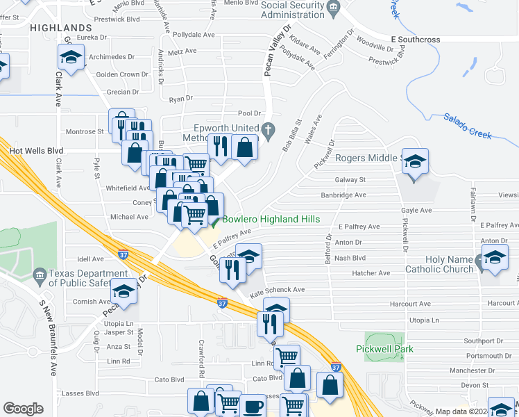 map of restaurants, bars, coffee shops, grocery stores, and more near 123 Pickwell Drive in San Antonio