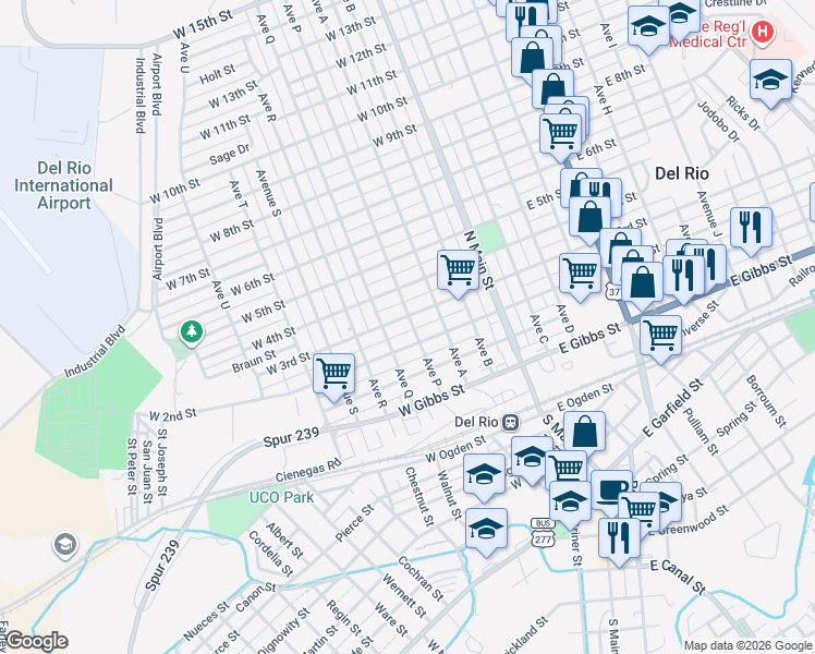 map of restaurants, bars, coffee shops, grocery stores, and more near 408 Avenue P in Del Rio