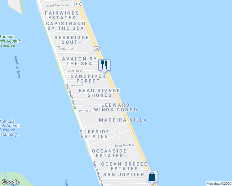map of restaurants, bars, coffee shops, grocery stores, and more near 2935 Ocean Shore Boulevard in Ormond Beach