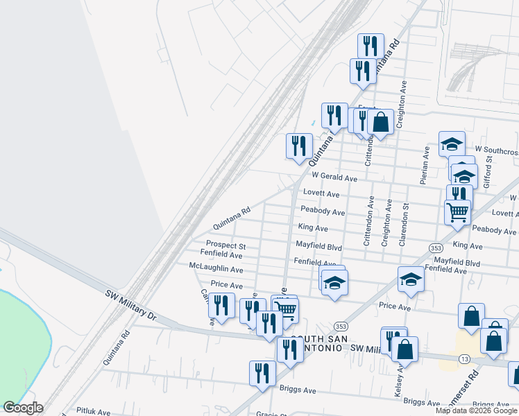 map of restaurants, bars, coffee shops, grocery stores, and more near 2510 Quintana Road in San Antonio