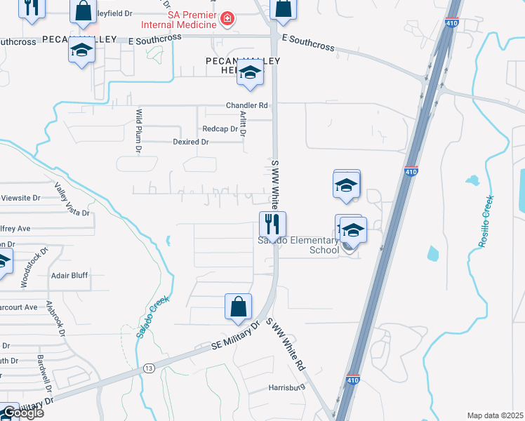 map of restaurants, bars, coffee shops, grocery stores, and more near 3505 South WW White Road in San Antonio