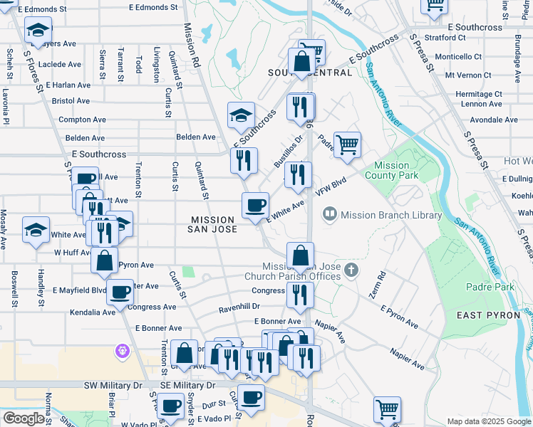 map of restaurants, bars, coffee shops, grocery stores, and more near 301 Mission Road in San Antonio