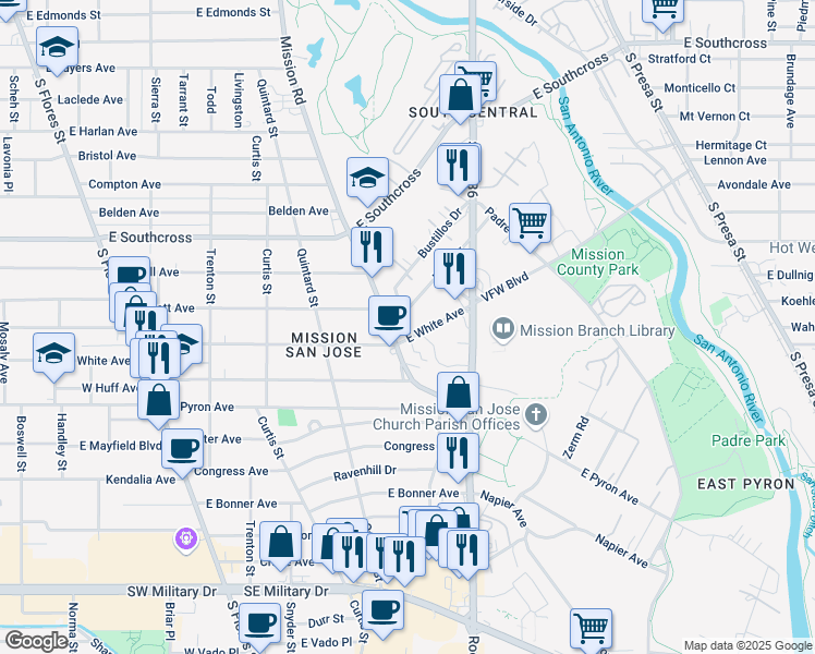 map of restaurants, bars, coffee shops, grocery stores, and more near 301 Mission Road in San Antonio