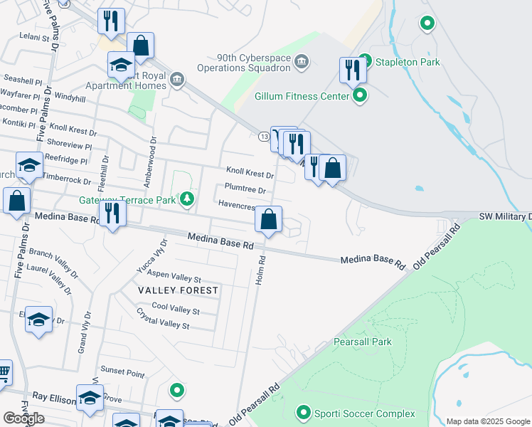 map of restaurants, bars, coffee shops, grocery stores, and more near 5402 Havencrest Drive in San Antonio