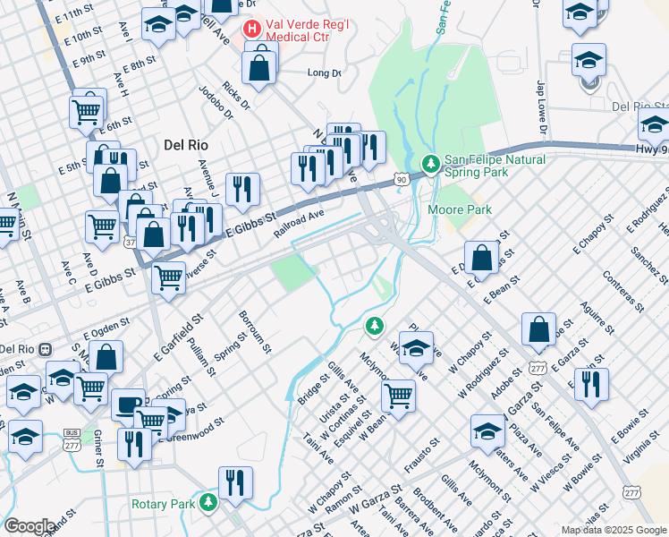map of restaurants, bars, coffee shops, grocery stores, and more near 205 Ash Street in Del Rio