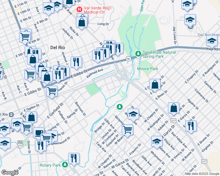 map of restaurants, bars, coffee shops, grocery stores, and more near 205-299 Ash Street in Del Rio