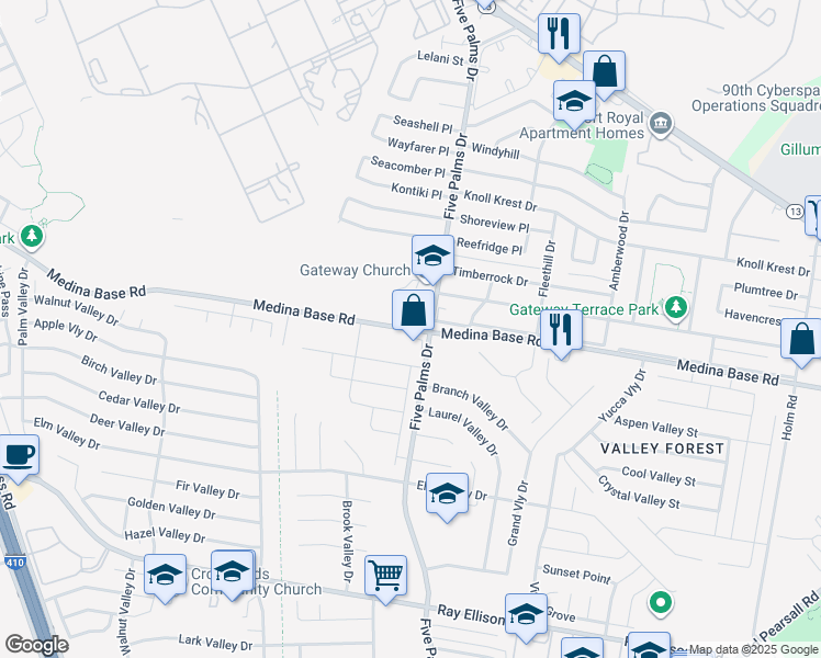 map of restaurants, bars, coffee shops, grocery stores, and more near Medina Base Road in San Antonio