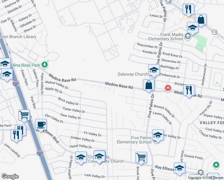 map of restaurants, bars, coffee shops, grocery stores, and more near 6318 Cougar Village in San Antonio