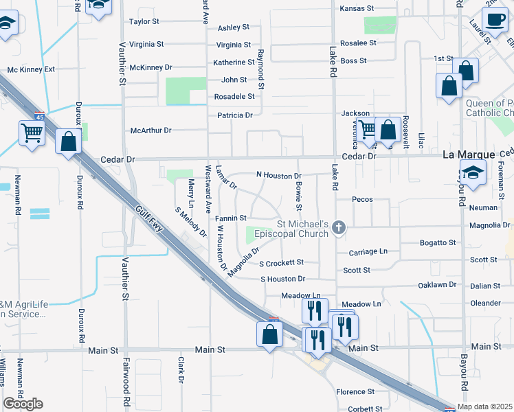 map of restaurants, bars, coffee shops, grocery stores, and more near 2802 Fannin Street in La Marque