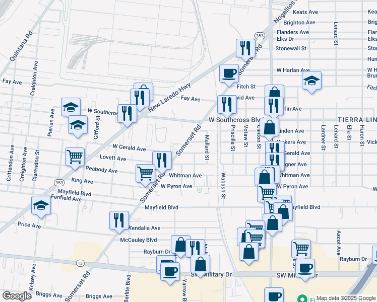 map of restaurants, bars, coffee shops, grocery stores, and more near 2113 West Gerald Avenue in San Antonio