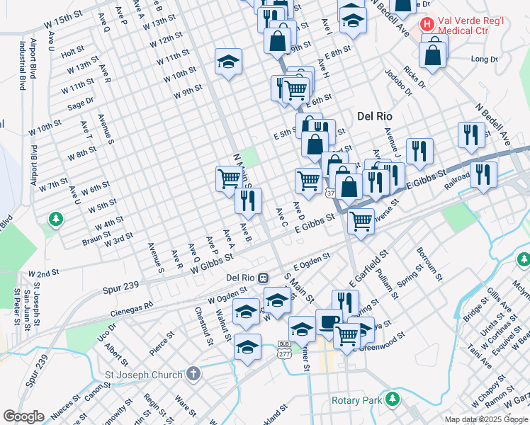 map of restaurants, bars, coffee shops, grocery stores, and more near 150-198 E 1st St in Del Rio