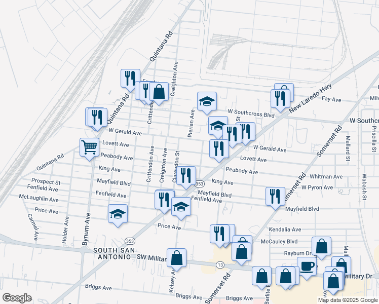 map of restaurants, bars, coffee shops, grocery stores, and more near 526 Lovett Avenue in San Antonio