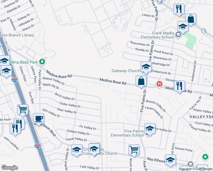 map of restaurants, bars, coffee shops, grocery stores, and more near 6318 Cougar Village in San Antonio