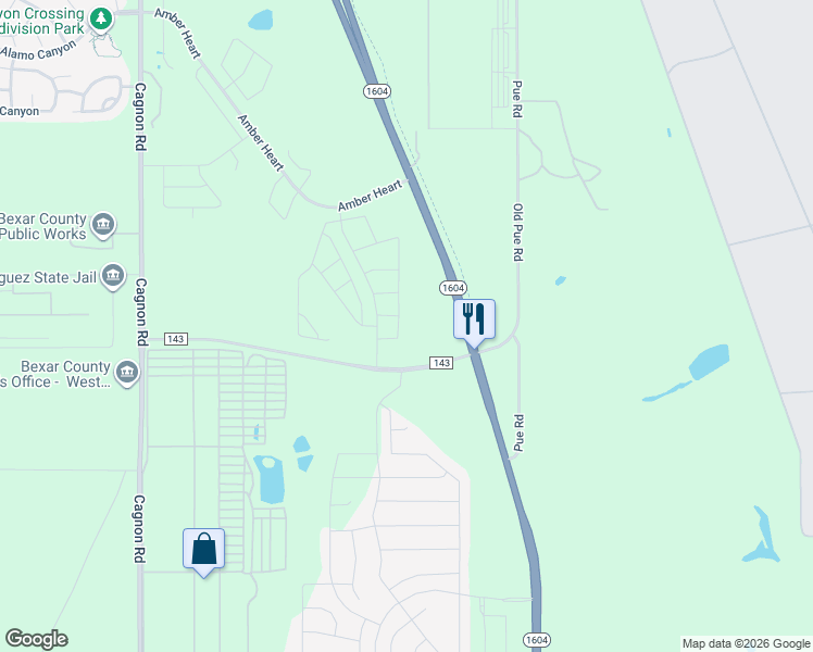 map of restaurants, bars, coffee shops, grocery stores, and more near 1700 North Loop 1604 East in San Antonio