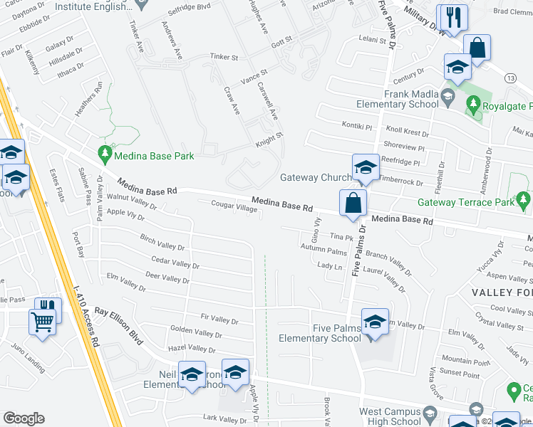 map of restaurants, bars, coffee shops, grocery stores, and more near 6323 Cougar Village in San Antonio