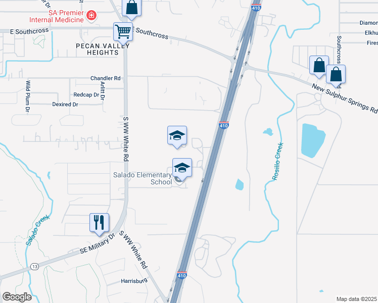 map of restaurants, bars, coffee shops, grocery stores, and more near 5903 I- 410 Access Road in San Antonio